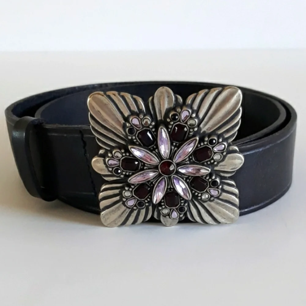 Fossil black leather belt floral silver buckle L
